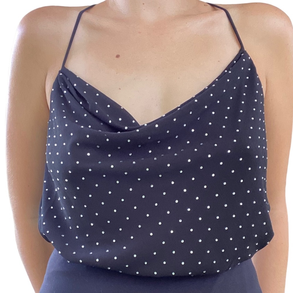 Bebe— Sheer Rhinestone Top — Chic Jet Black Bodysuit Tank 🖤 💎